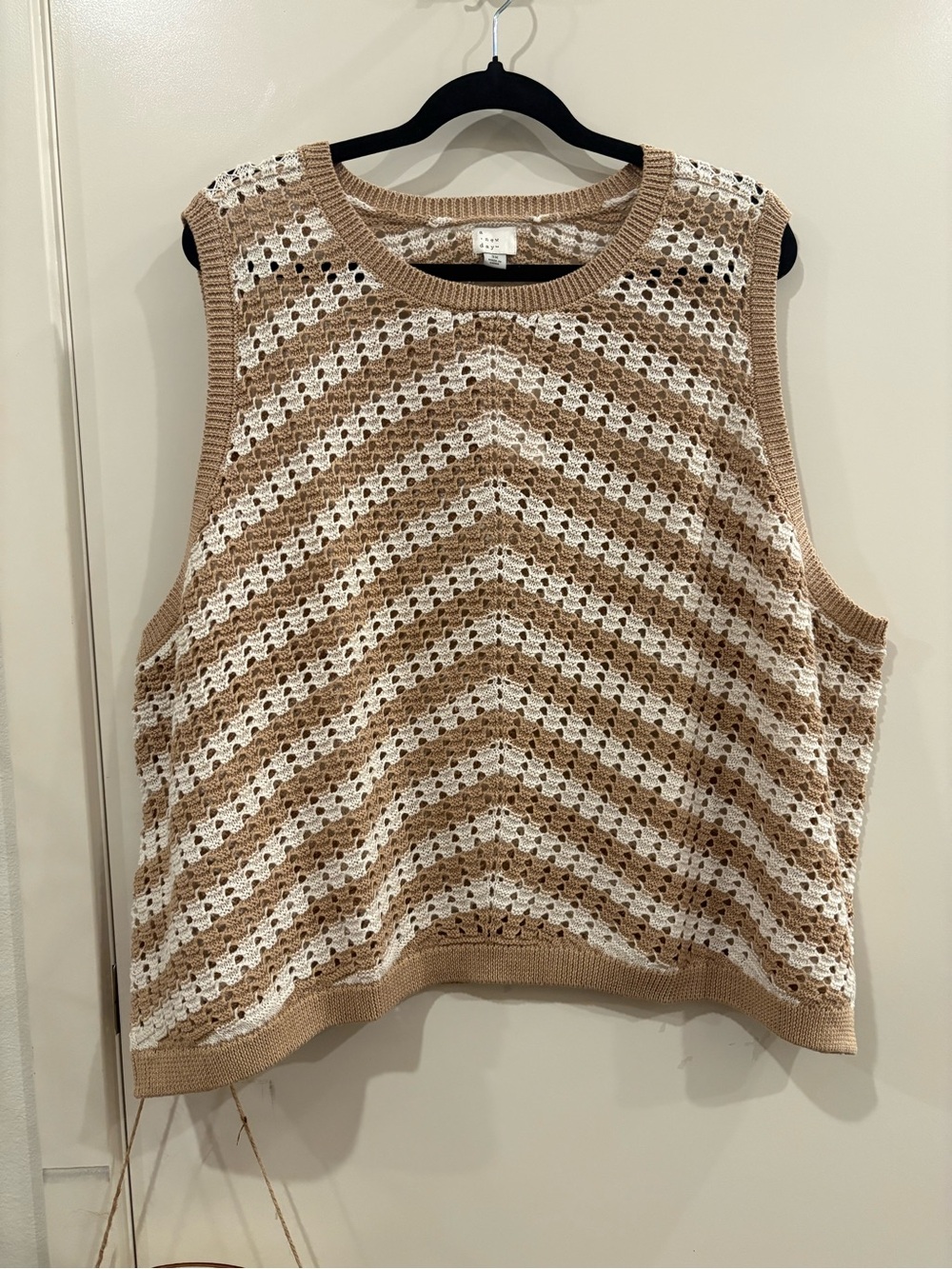 a new day Beige and White Striped Open-Knit V-Neck Sweater Vest